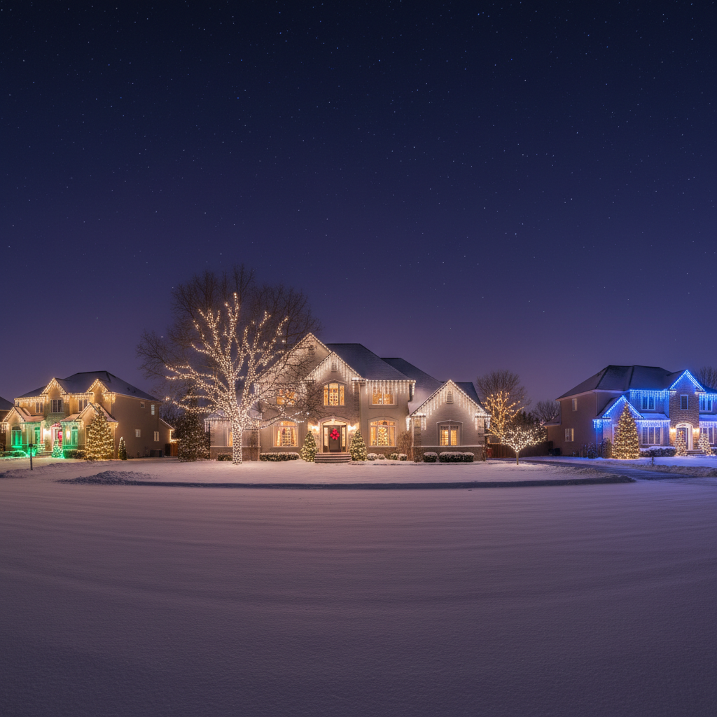 Красивый район с новогодними гирляндами